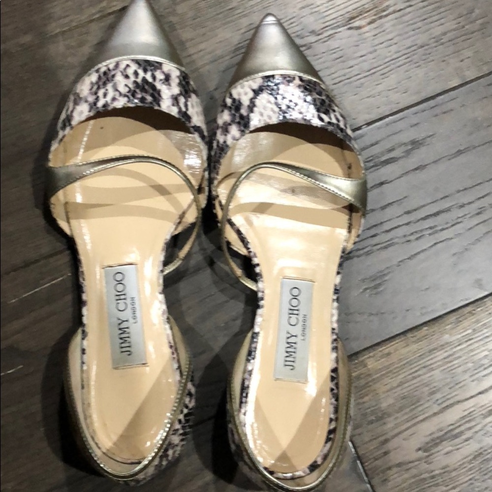 Jimmy Choo Gold and Snake Print flats